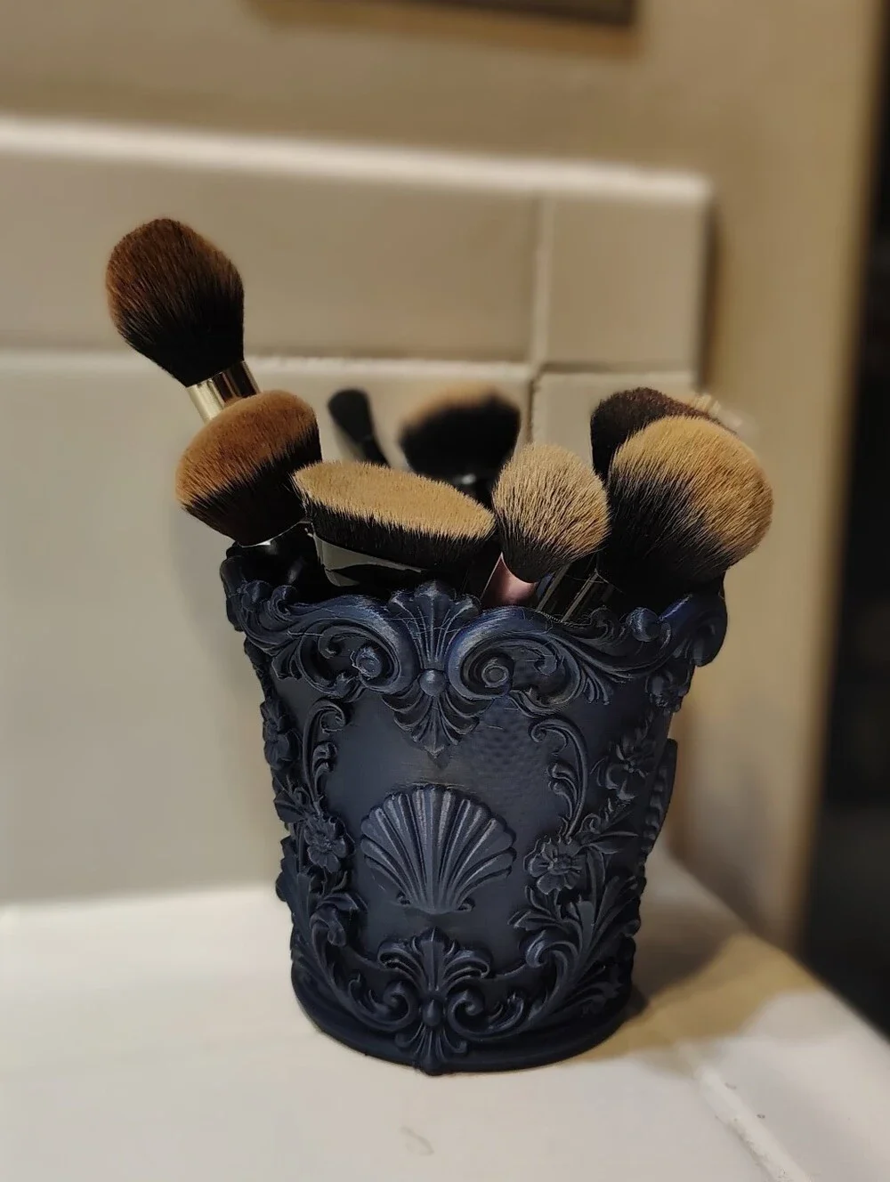 Ornate Navy Blue Decorative Makeup Brush Holder